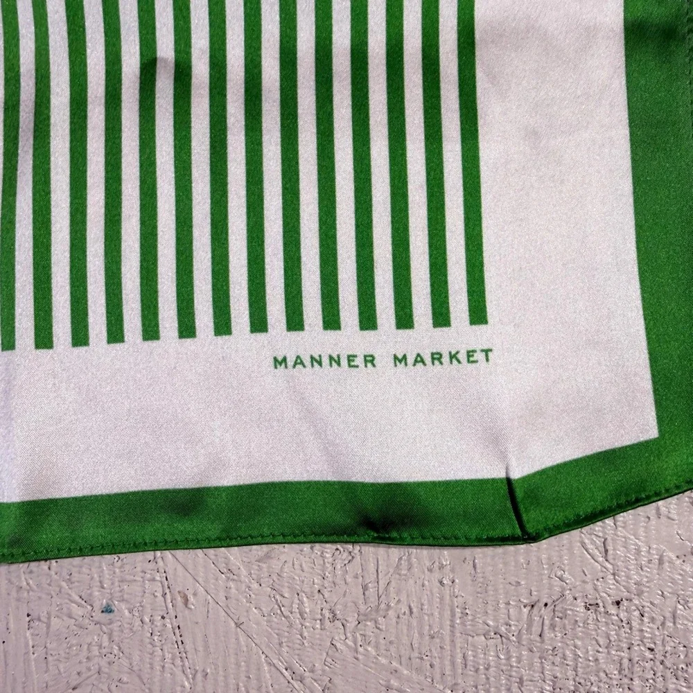 Manner Market Silk Scarf Green White Striped Square Neckerchief